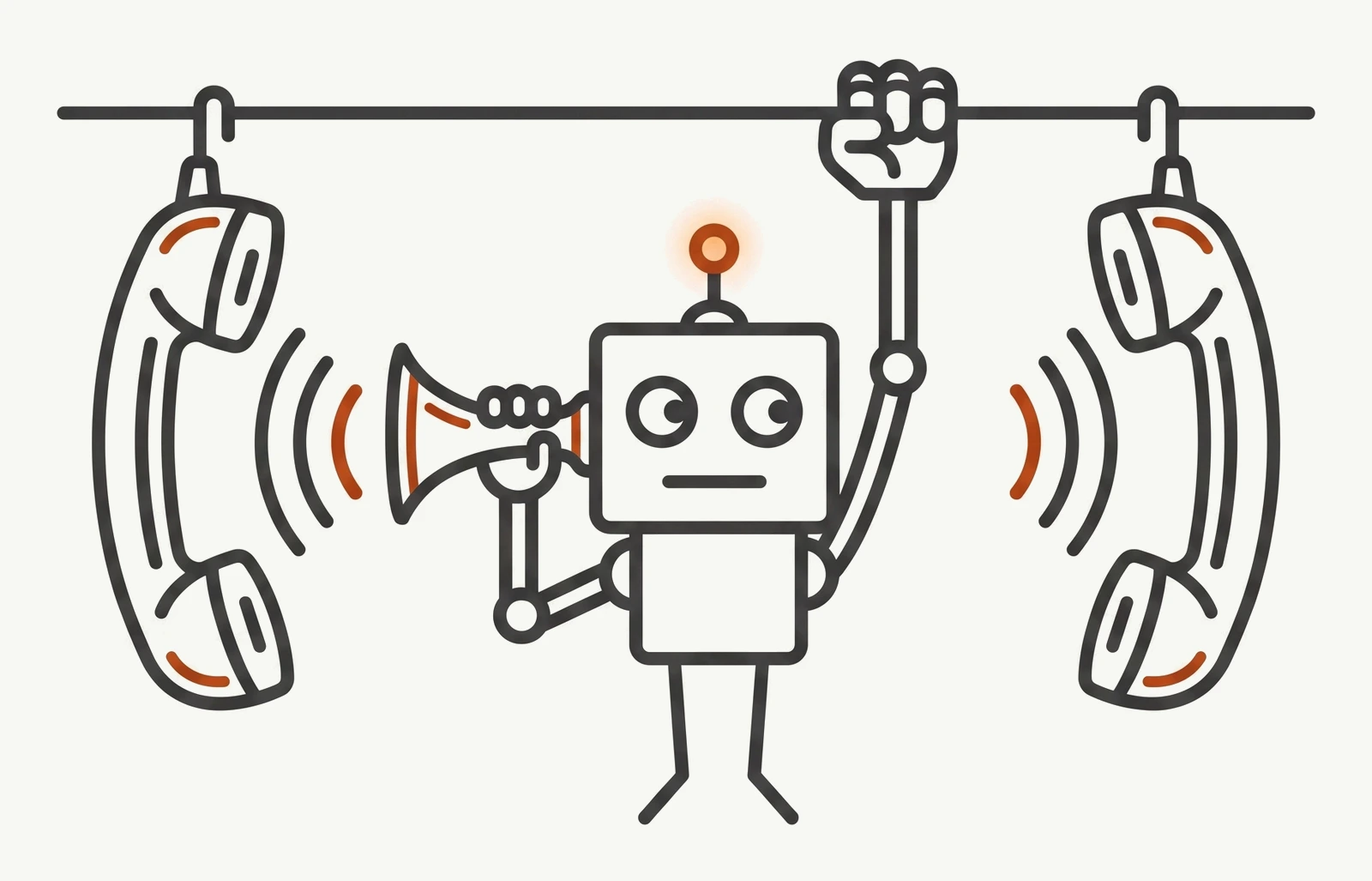 A small robot hanging from a telephone wire between two telephone handsets, holding a hearing trumpet to its ear